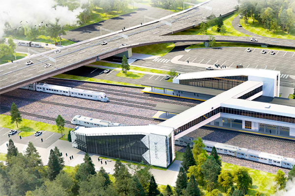 Проект реконструкции платформы Малино включающий автомобильную эстакаду. Изображение РЖДстрой