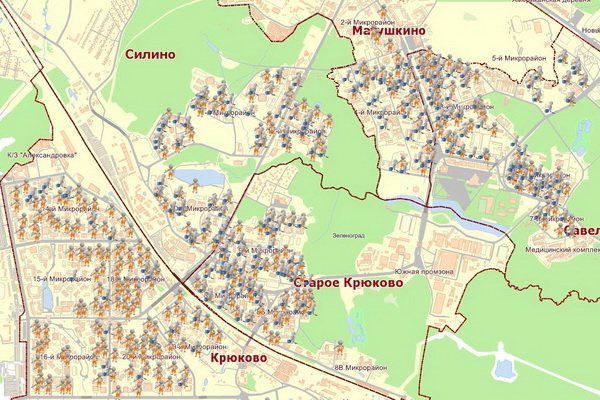 Фрагмент интерактивной карты с уборщиками Зеленограда
